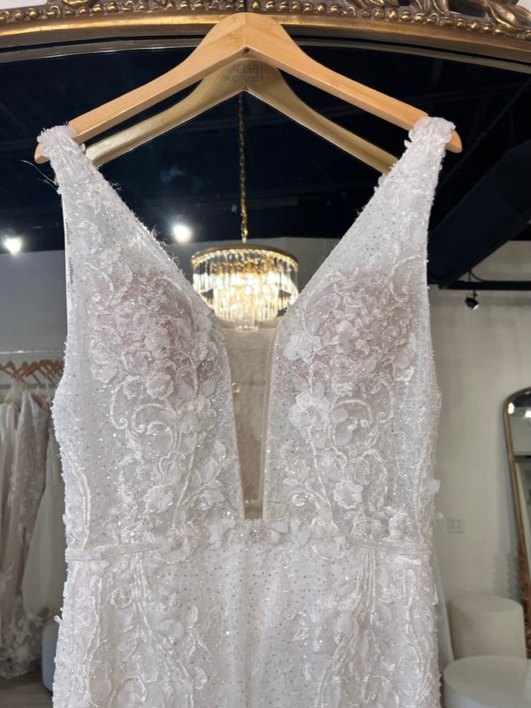 Calla Blanche 123244 - Sicily | Allover Sparkle Sheath Gown with Wide Plunging V-Neck and Embroidered Lace Applique , Size 14