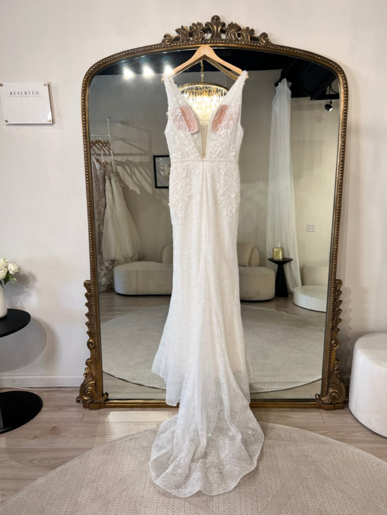 Calla Blanche 123244 - Sicily | Allover Sparkle Sheath Gown with Wide Plunging V-Neck and Embroidered Lace Applique , Size 14