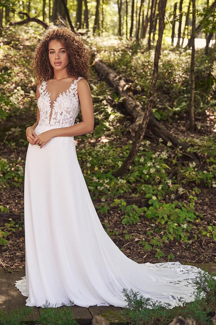 Lillian West 66240 | Lace Accented Chiffon A-Line Gown with Plunging Illusion Sabrina Neckline, Size 10