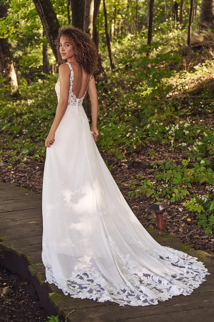 Lillian West 66240 | Lace Accented Chiffon A-Line Gown with Plunging Illusion Sabrina Neckline, Size 10