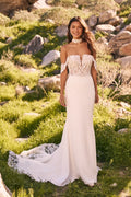 Lillian West 66304 | Lace Accented Crepe Fit-and-Flare Gown with Notch Neckline and Off-the-Shoulder Sleeves, Size 14