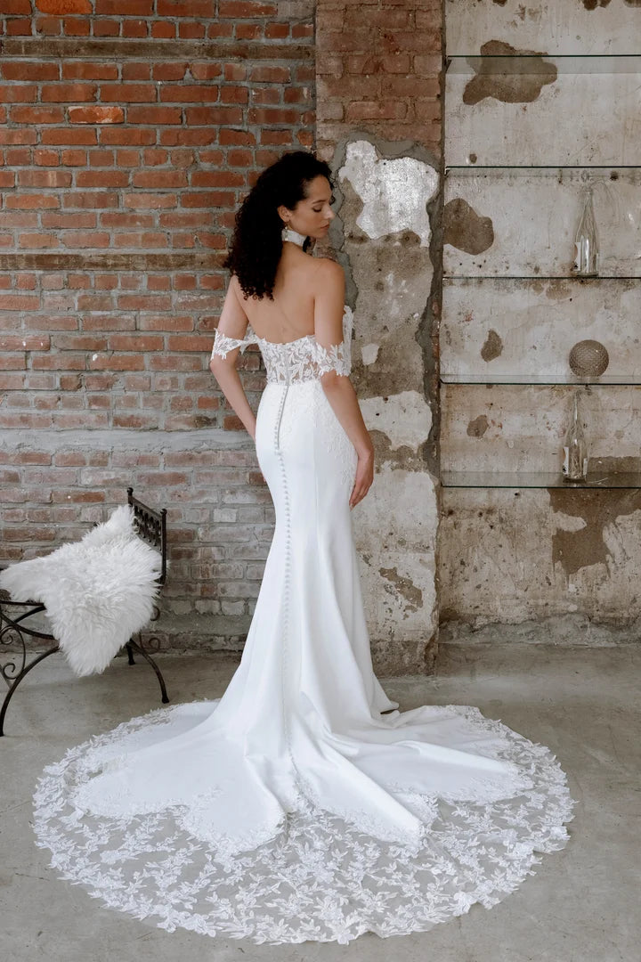 Lillian West 66304 | Lace Accented Crepe Fit-and-Flare Gown with Notch Neckline and Off-the-Shoulder Sleeves, Size 14