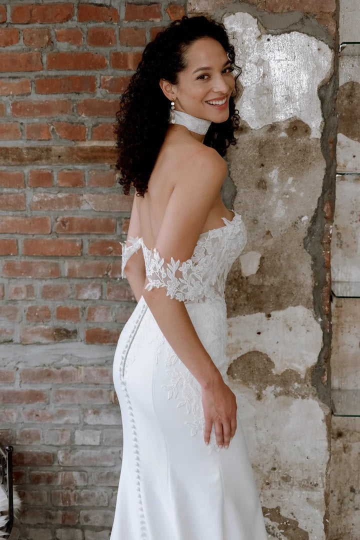 Lillian West 66304 | Lace Accented Crepe Fit-and-Flare Gown with Notch Neckline and Off-the-Shoulder Sleeves, Size 14