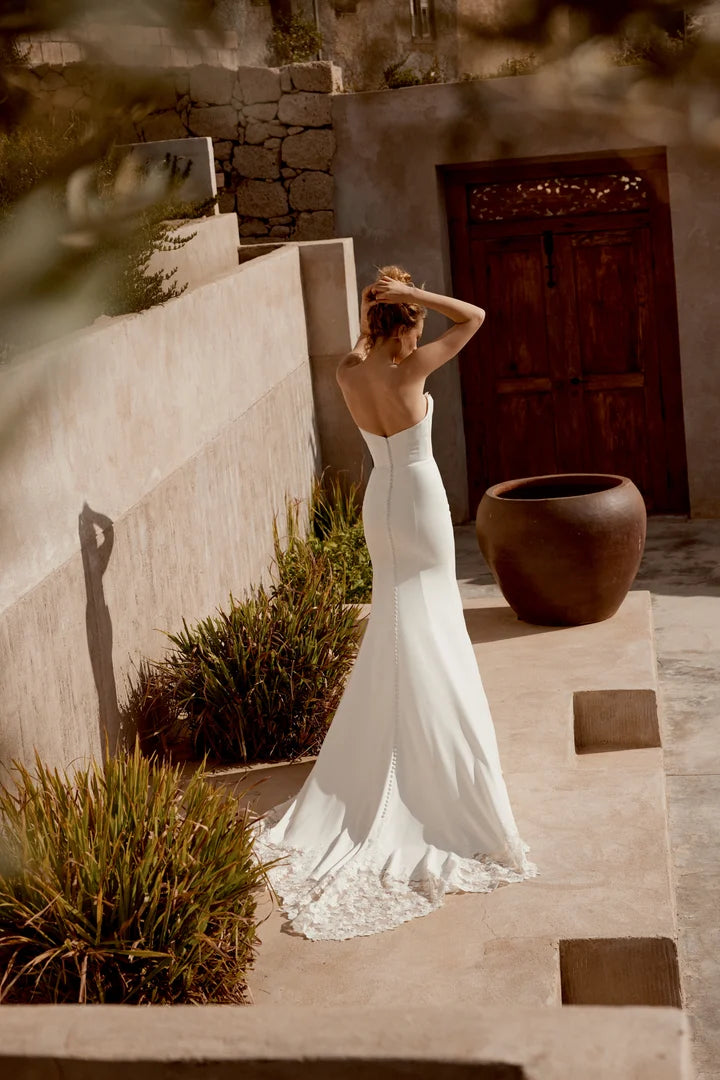 Lillian West 66357 | Crepe Fit-and-Flare Gown with Lace Accented Sweetheart Neckline and Tulip Train, Size 12