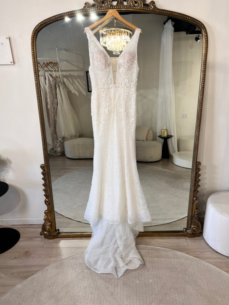 Calla Blanche 123244 - Sicily | Allover Sparkle Sheath Gown with Wide Plunging V-Neck and Embroidered Lace Applique , Size 14