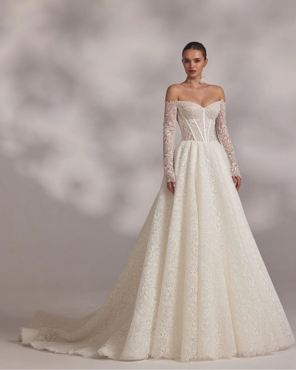 Eva Lendel - Abril | Ivory Lace Ballgown with Off-the-Shoulder Sleeves, Size 14