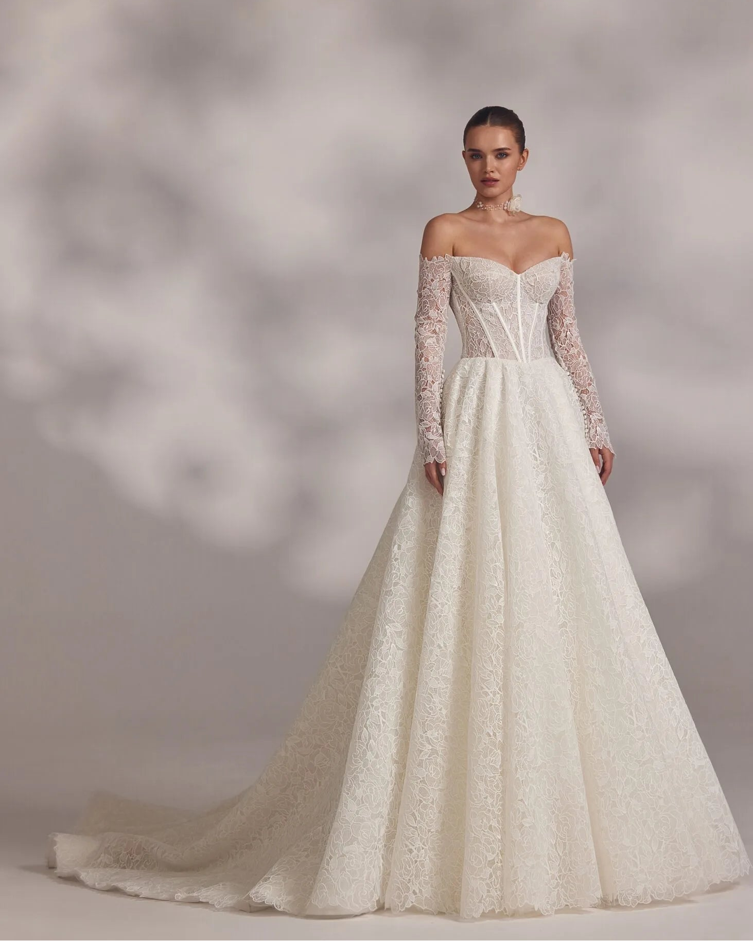 Eva Lendel - Abril | Ivory Lace Ballgown with Off-the-Shoulder Sleeves, Size 14