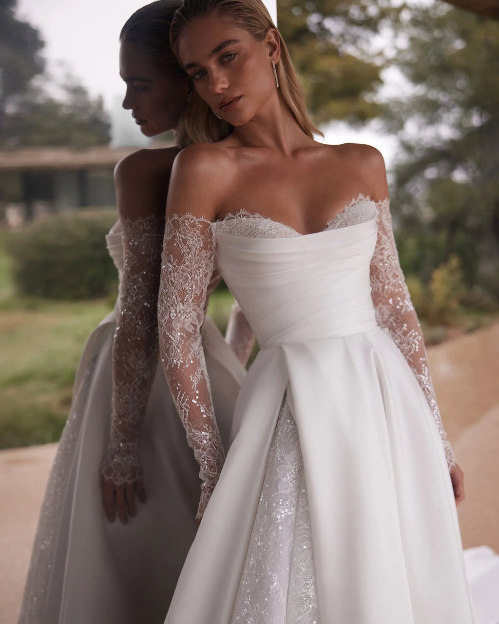 Eva Lendel - Aston | Ivory Lace + Mikado A-Line Gown with Sleeves, Size 12