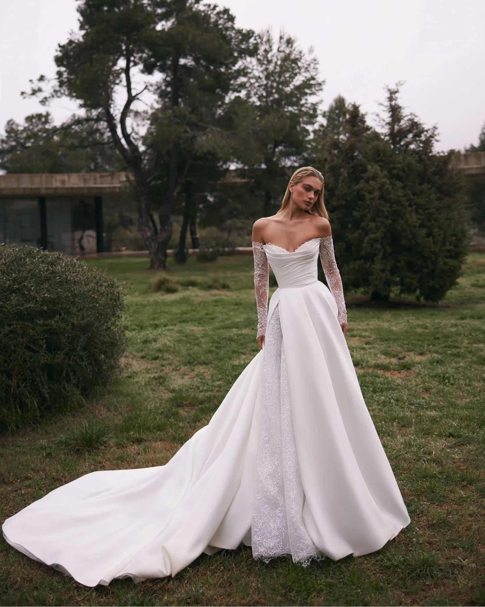 Eva Lendel - Aston | Ivory Lace + Mikado A-Line Gown with Sleeves, Size 12