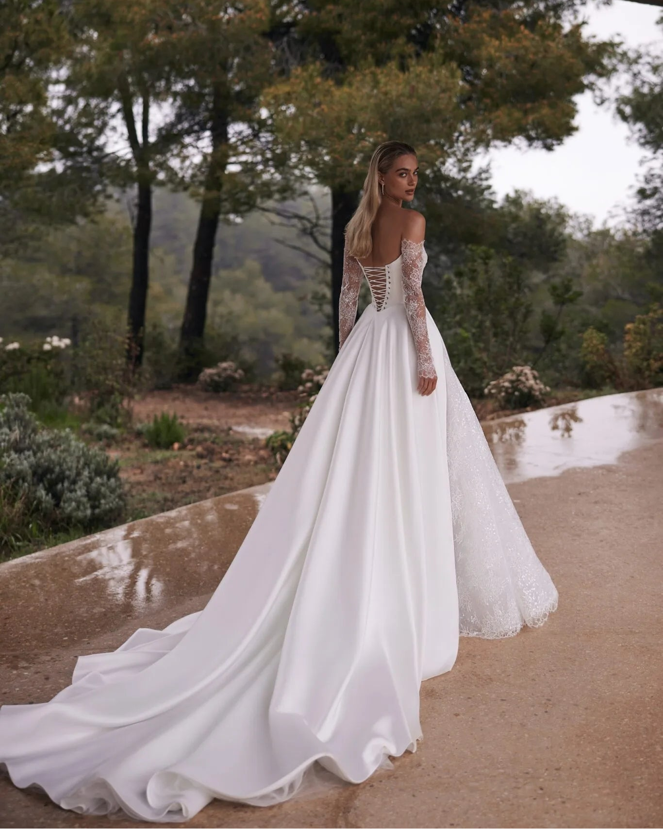 Eva Lendel - Aston | Ivory Lace + Mikado A-Line Gown with Sleeves, Size 12