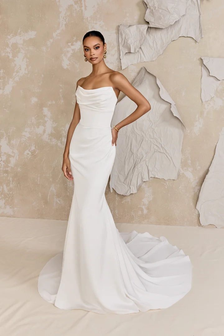 Justin Alexander Signature 99313 - Atwood | Charmeuse Fit-and-Flare Gown with Strapless Draped Cat-Eye Neckline, Size 12