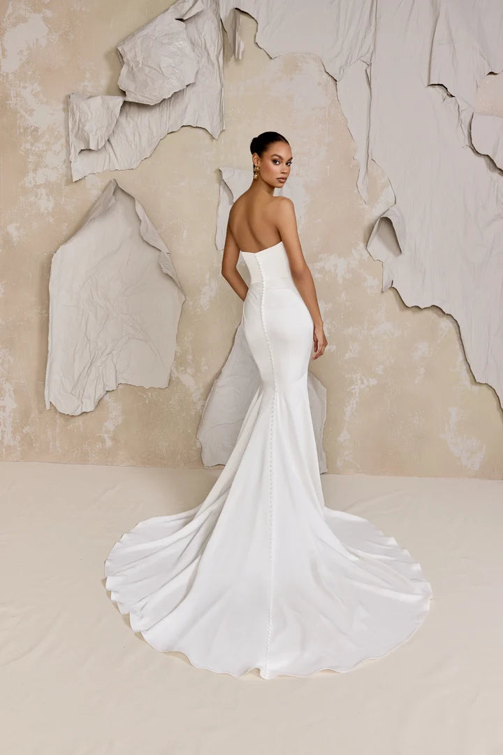 Justin Alexander Signature 99313 - Atwood | Charmeuse Fit-and-Flare Gown with Strapless Draped Cat-Eye Neckline, Size 12