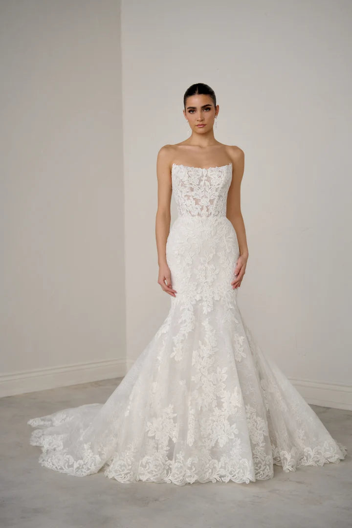 Justin Alexander Signature 99369 - Aureline | Allover Lace Mermaid Gown with Sheer Bodice and Exposed Boning, Size 14