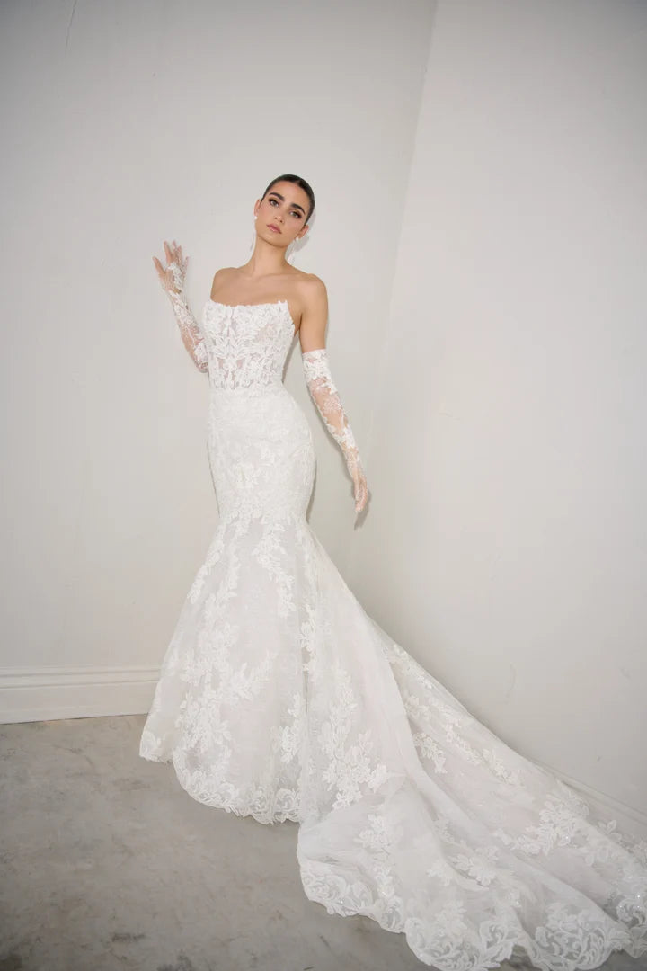 Justin Alexander Signature 99369 - Aureline | Allover Lace Mermaid Gown with Sheer Bodice and Exposed Boning, Size 14