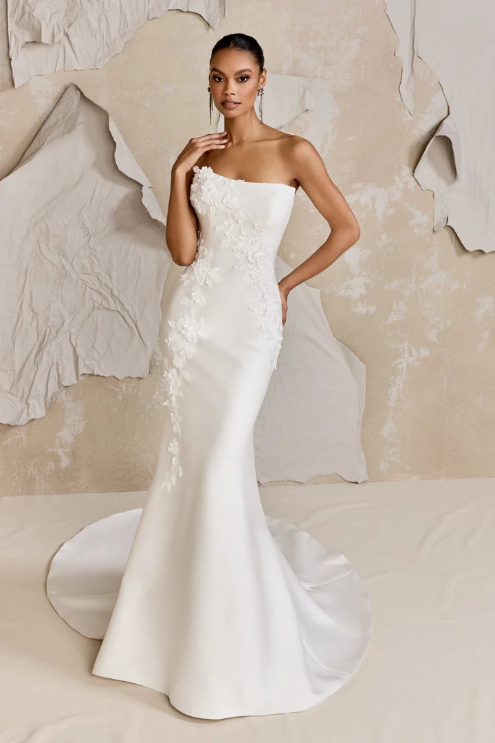 Justin Alexander Signature 99319 - Dickinson Dress | Mikado Fit-and-Flare Gown Adorned with Lace Embroidery and Appliques, Size 12