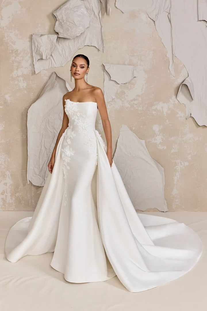 Justin Alexander Signature 99319 - Dickinson Dress | Mikado Fit-and-Flare Gown Adorned with Lace Embroidery and Appliques, Size 12
