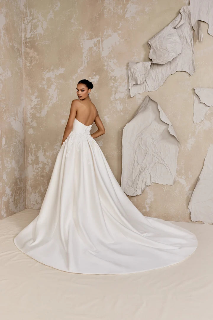 Justin Alexander Signature 99319 - Dickinson Dress | Mikado Fit-and-Flare Gown Adorned with Lace Embroidery and Appliques, Size 12