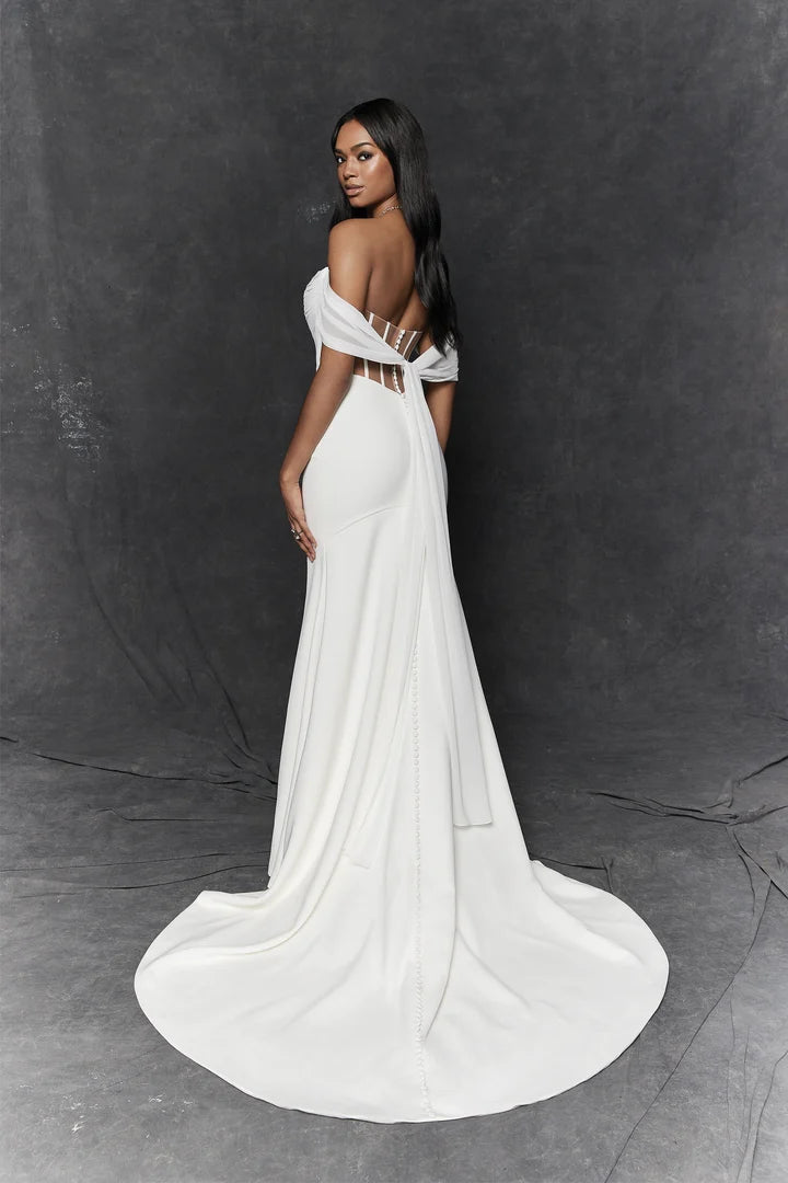 Justin Alexander Signature 99253 - Limone | Crepe Fit-and-Flare Gown with Detachable Chiffon Streamers, Size 22
