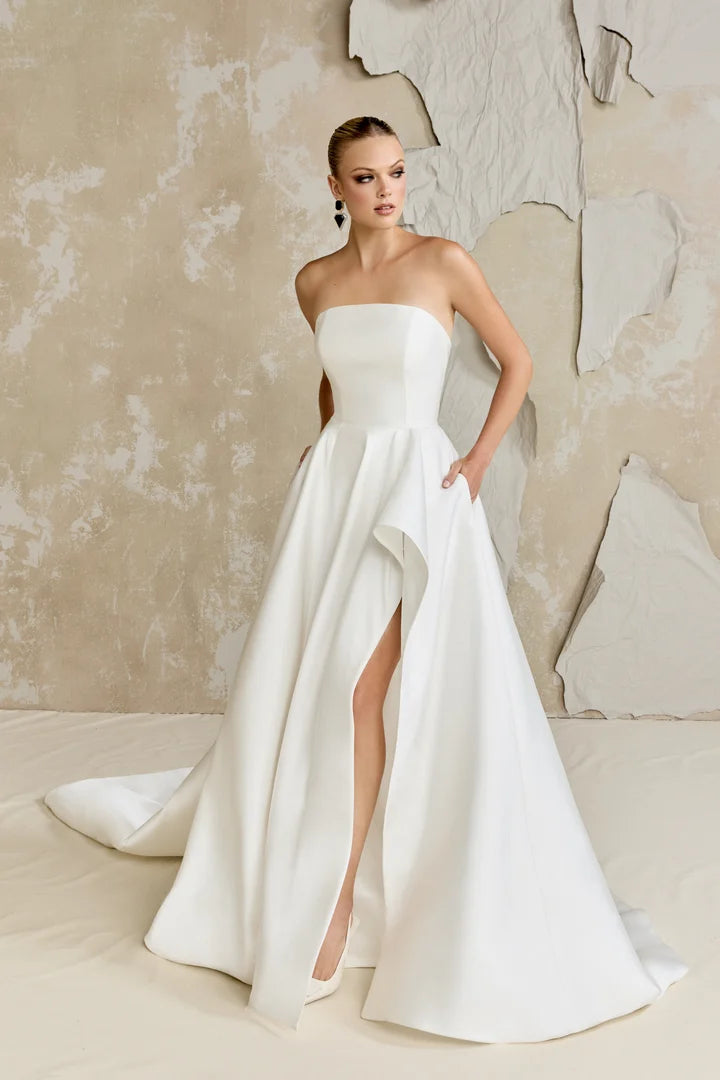 Justin Alexander Signature 99311 - Lorde | Silk Mikado A-line Gown with Straight Neckline and High-Low Slit, Size 12