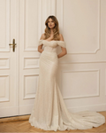 Eva Lendel - Miata | Sequined Ivory Beaded Lace Fit-and-Flare Wedding Gown, Size 14