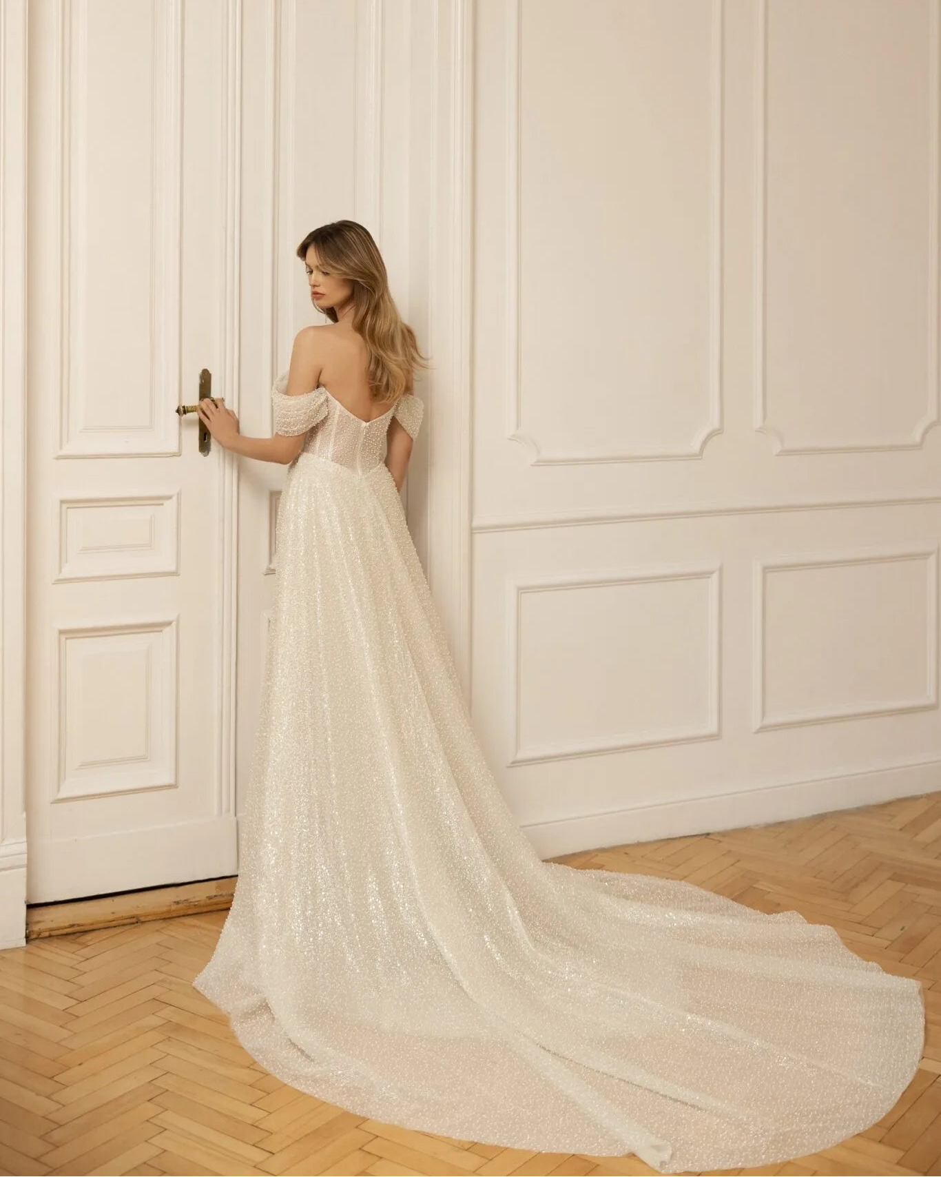 Eva Lendel - Miata | Sequined Ivory Beaded Lace Fit-and-Flare Wedding Gown, Size 14