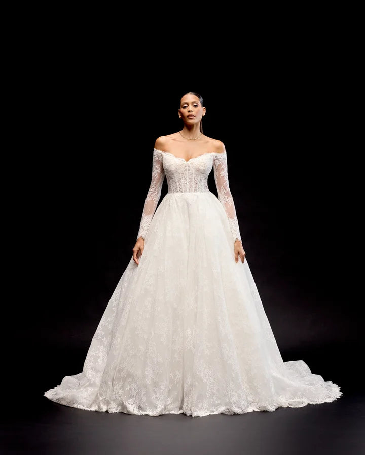 Justin Alexander 99348 - Miyako | Allover Chantilly Lace Ballgown with OTS Sleeves, Size 12