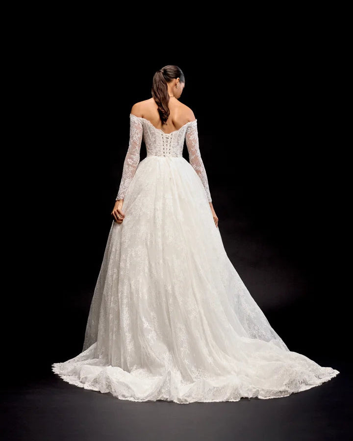 Justin Alexander 99348 - Miyako | Allover Chantilly Lace Ballgown with OTS Sleeves, Size 12