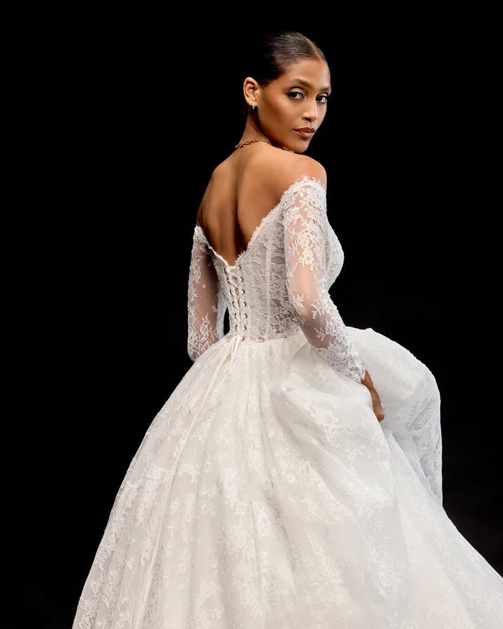 Justin Alexander 99348 - Miyako | Allover Chantilly Lace Ballgown with OTS Sleeves, Size 12