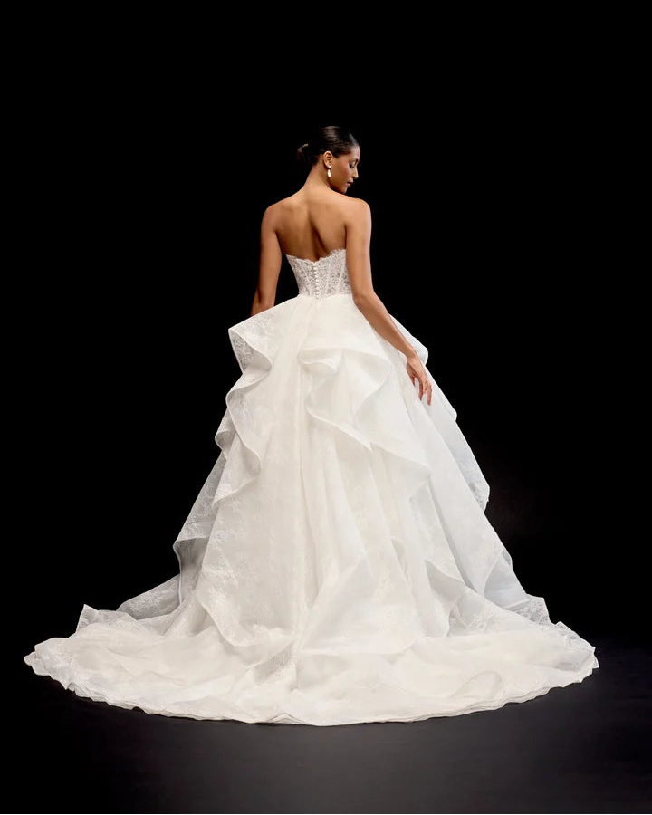 Justin Alexander Signature 99349 - Nisha | Allover Alencon Lace Layered Ballgown with Plunging Sweetheart Neckline, Size 12