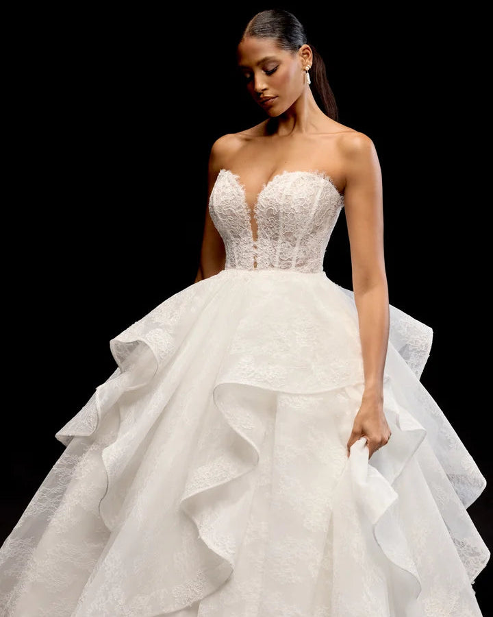 Justin Alexander Signature 99349 - Nisha | Allover Alencon Lace Layered Ballgown with Plunging Sweetheart Neckline, Size 12