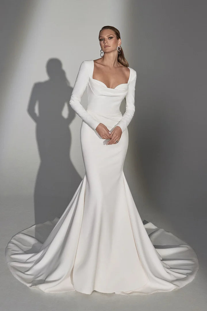 Justin Alexander Signature 99244 - Norma | Long Sleeve Crepe Fit-and-Flare Gown with Draped Sweetheart Neckline and Illusion Back, Size 12