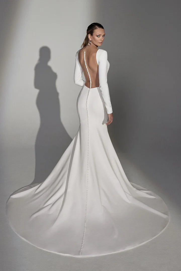 Justin Alexander Signature 99244 - Norma | Long Sleeve Crepe Fit-and-Flare Gown with Draped Sweetheart Neckline and Illusion Back, Size 12