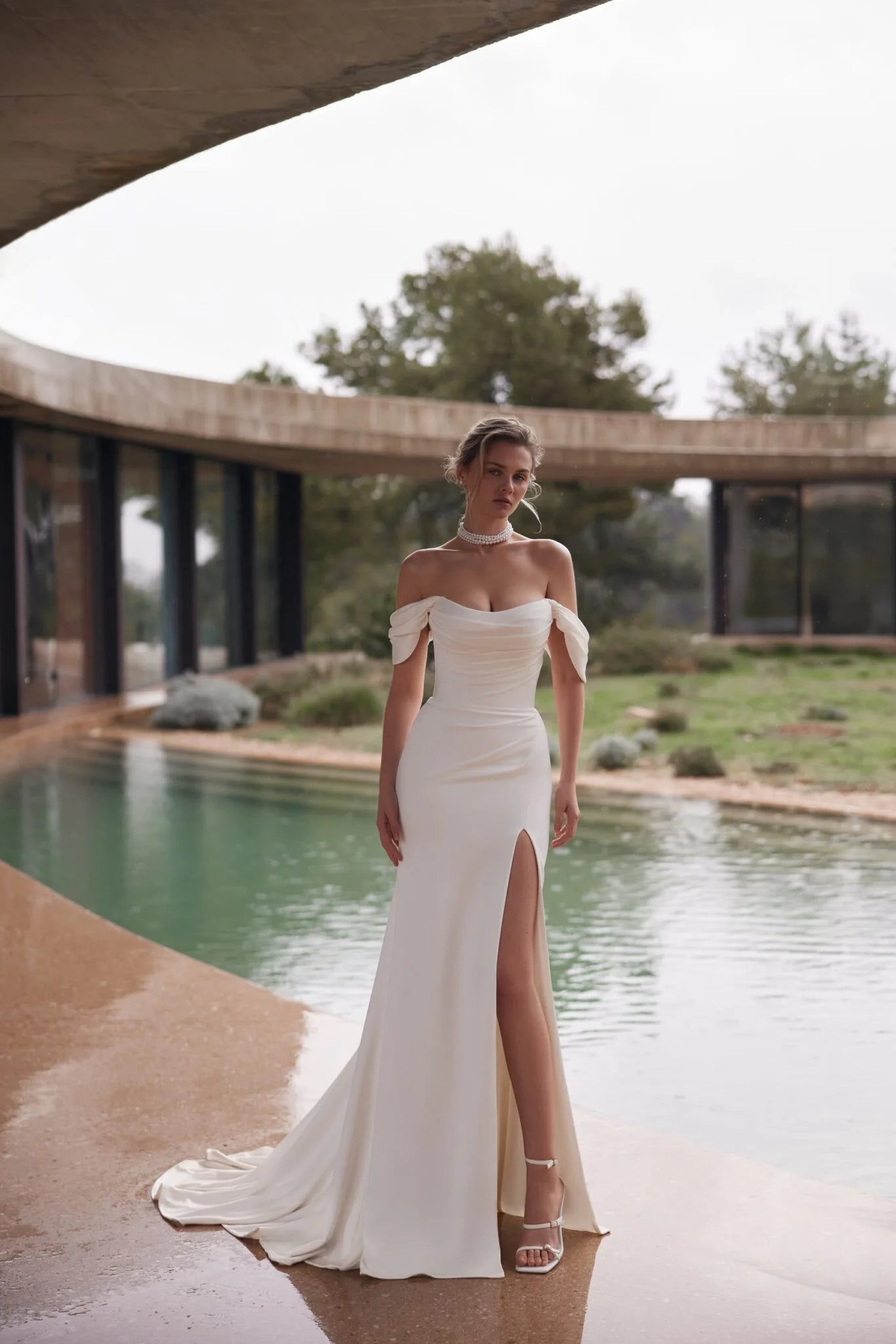 Eva Lendel – Palace | Romantic Draped Satin Mermaid Wedding Gown with Off-the-Shoulder Sleeves, Size 12