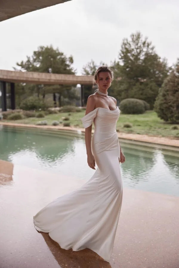 Eva Lendel – Palace | Romantic Draped Satin Mermaid Wedding Gown with Off-the-Shoulder Sleeves, Size 12