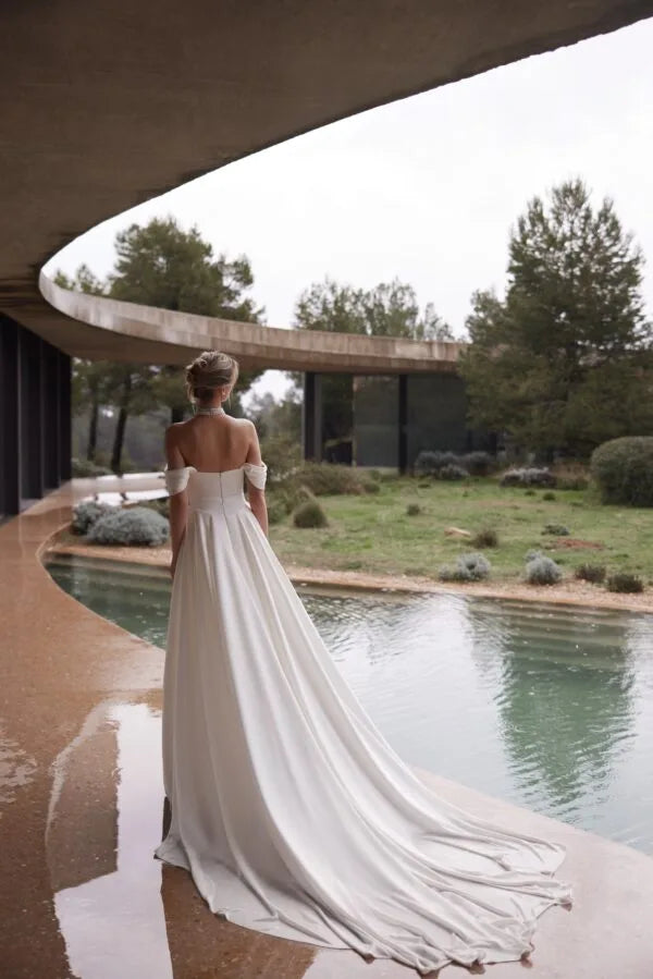 Eva Lendel – Palace | Romantic Draped Satin Mermaid Wedding Gown with Off-the-Shoulder Sleeves, Size 12