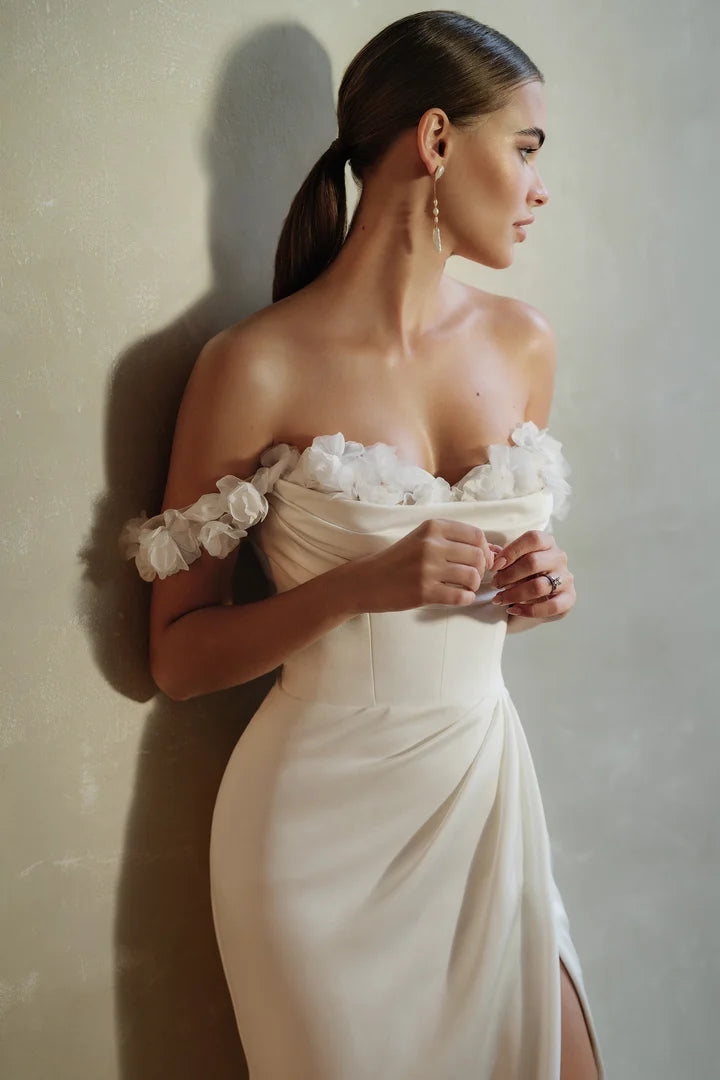 Justin Alexander Signature 99290 - Pax | Off-the-Shoulder Fit and Flare Gown with 3D Floral Appliques, Size 12