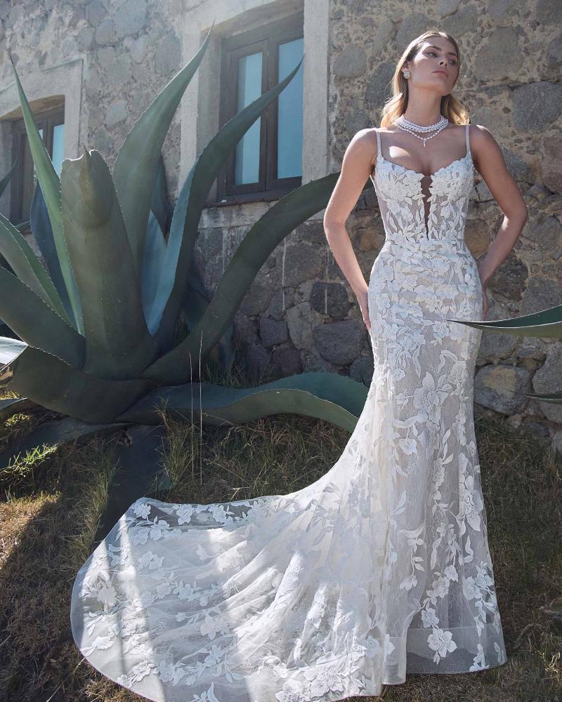 Calla Blanche 125256 - Rosaria | Floral Lace Sheath Gown with Deep Neckline and Illusion Side Cutouts, Size 14