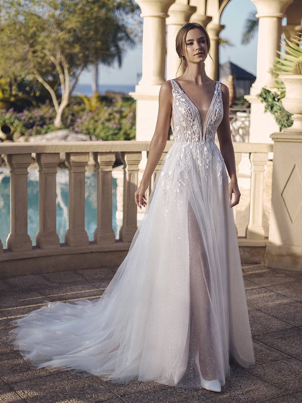 Blue by Enzoani - Sage | Beaded 3D Mikado Floral Applique A-line Gown with Plunging V-neck and Glitter Tulle, Size 10