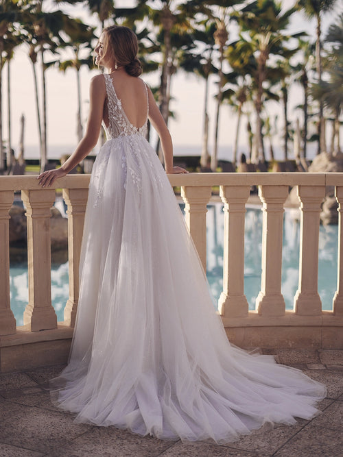 Blue by Enzoani - Sage | Beaded 3D Mikado Floral Applique A-line Gown with Plunging V-neck and Glitter Tulle, Size 10