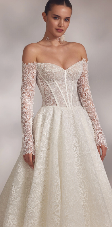 Eva Lendel - Abril | Ivory Lace Ballgown with Off-the-Shoulder Sleeves, Size 14