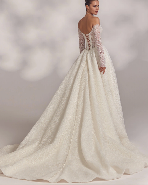 Eva Lendel - Abril | Ivory Lace Ballgown with Off-the-Shoulder Sleeves, Size 14