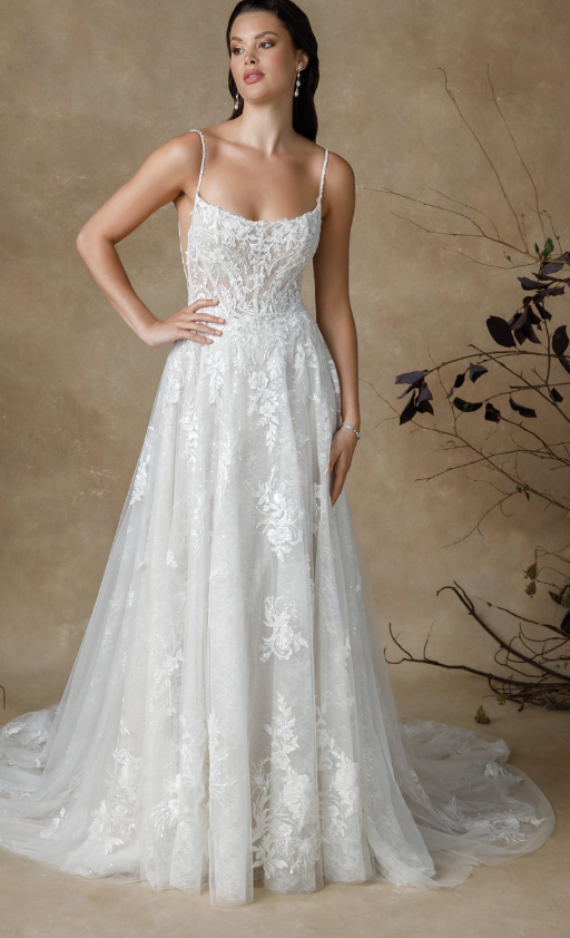 Justin Alexander 88327 - Glenda | Lace A-Line Scoop Neck Gown with Allover Sparkle and Scattered Appliques , Size 12