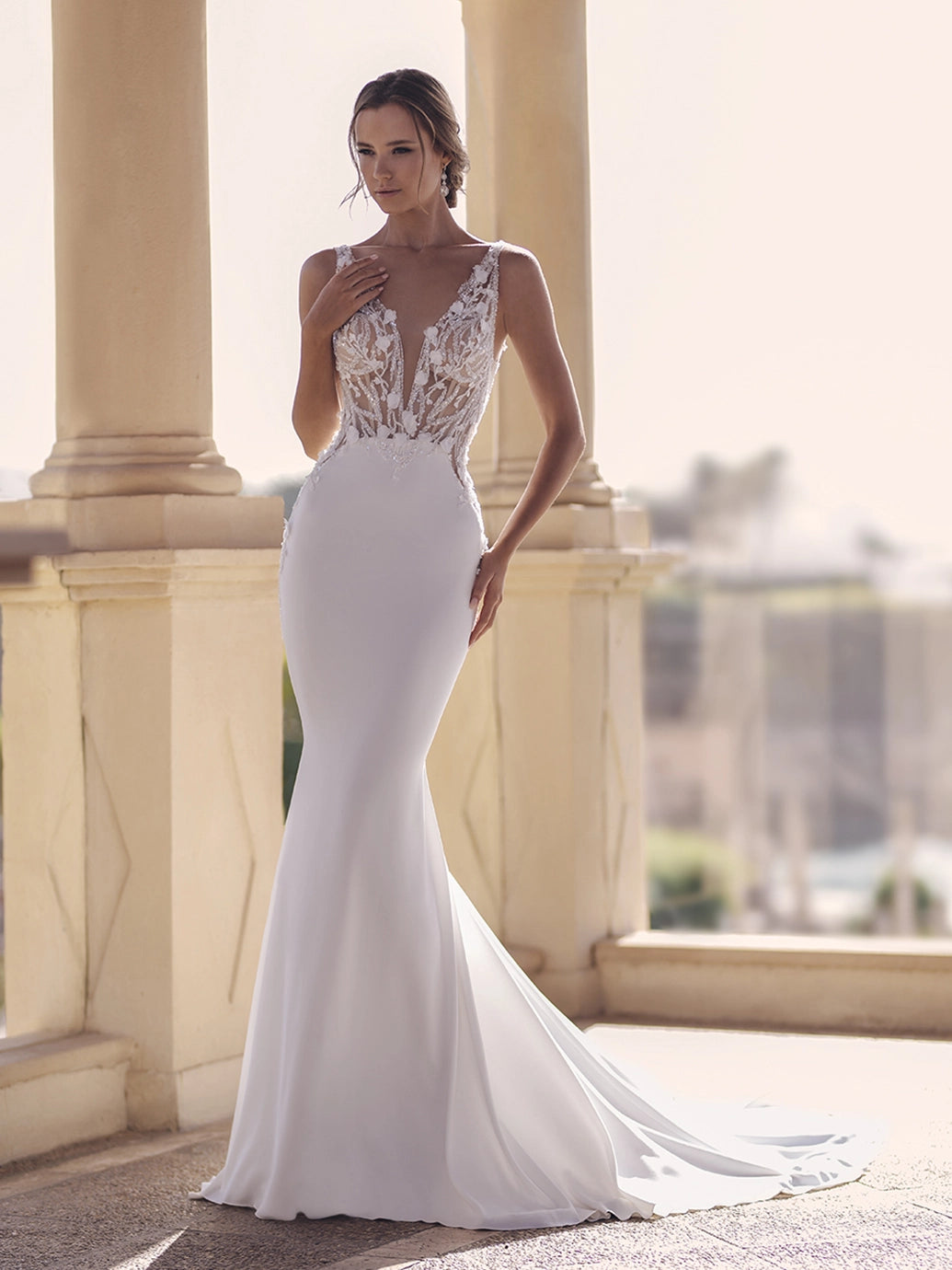 Blue by Enzoani - Seng | Crepe Fit-and-Flare Gown with 3D Mikado and Organza Applique Illusion Cutout Bodice, Size 10
