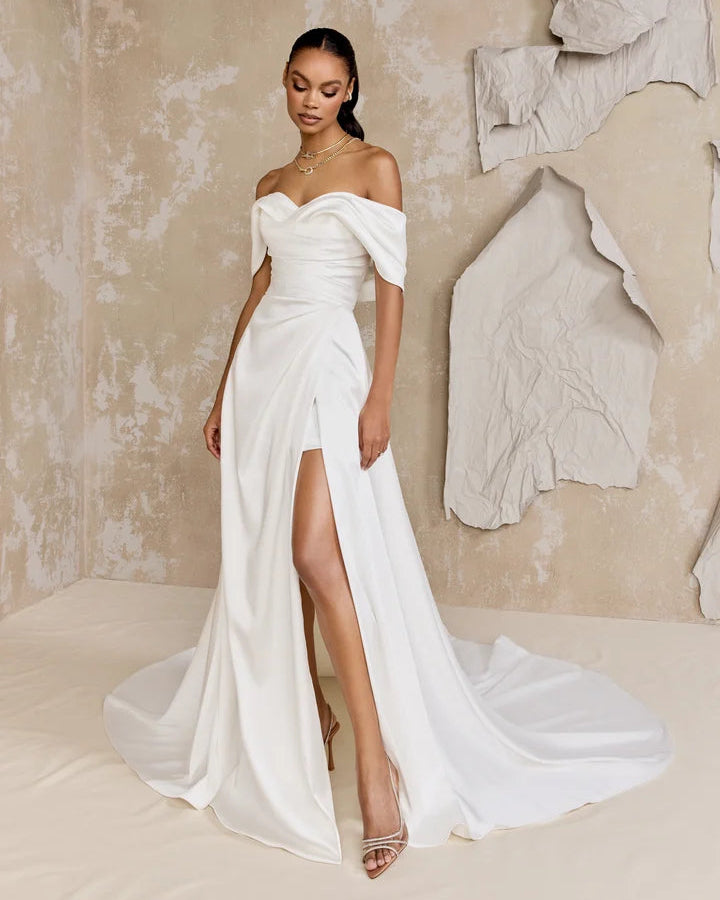 Justin Alexander Signature 99322 - Sexton | Charmeuse A-line Gown with Dramatic Off-the-Shoulder Neckline and High Slit, Size 12