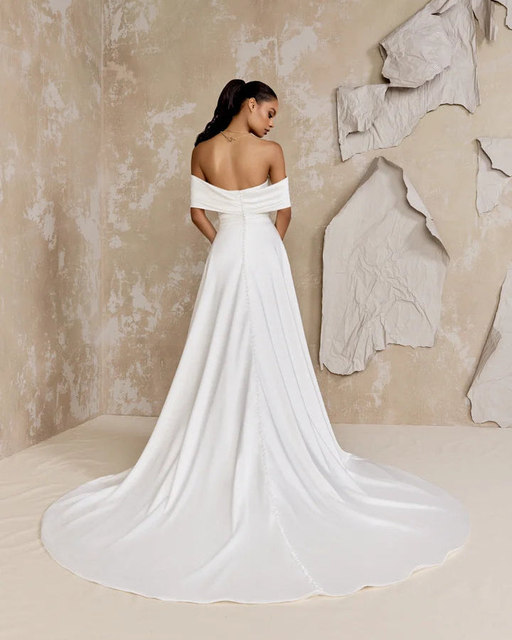 Justin Alexander Signature 99322 - Sexton | Charmeuse A-line Gown with Dramatic Off-the-Shoulder Neckline and High Slit, Size 12