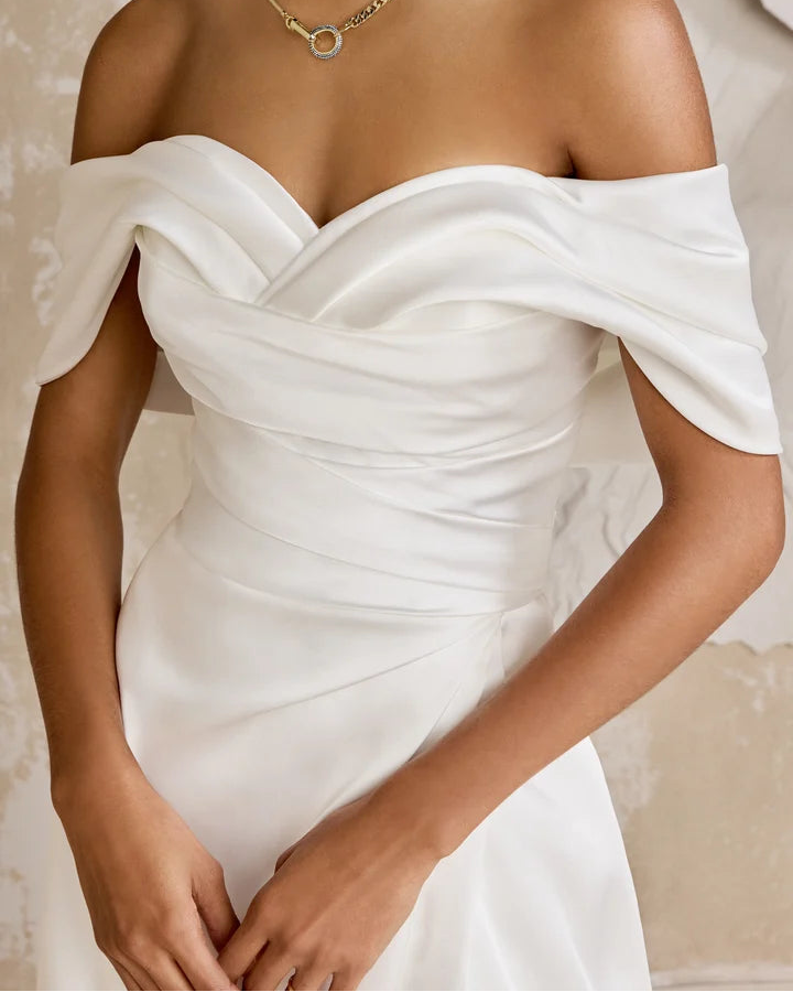 Justin Alexander Signature 99322 - Sexton | Charmeuse A-line Gown with Dramatic Off-the-Shoulder Neckline and High Slit, Size 12