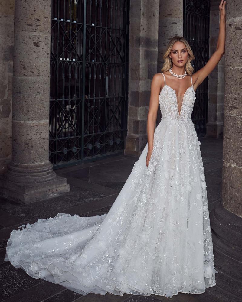 Calla Blanche 124245 - Sheryll | Sparkle Floral Applique Deep V-neck A-line Gown with Straps and Pockets, Size 12