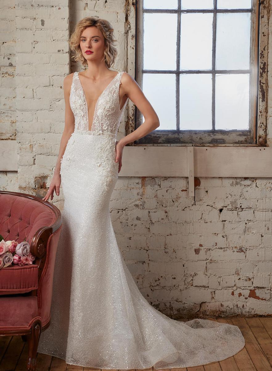 Calla Blanche 123244 - Sicily | Allover Sparkle Sheath Gown with Wide Plunging V-Neck and Embroidered Lace Applique , Size 14