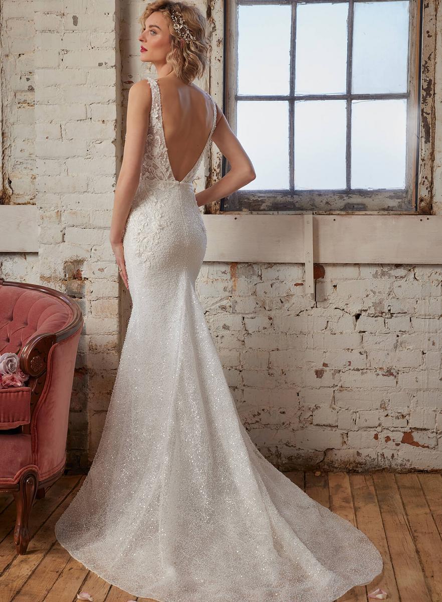 Calla Blanche 123244 - Sicily | Allover Sparkle Sheath Gown with Wide Plunging V-Neck and Embroidered Lace Applique , Size 14