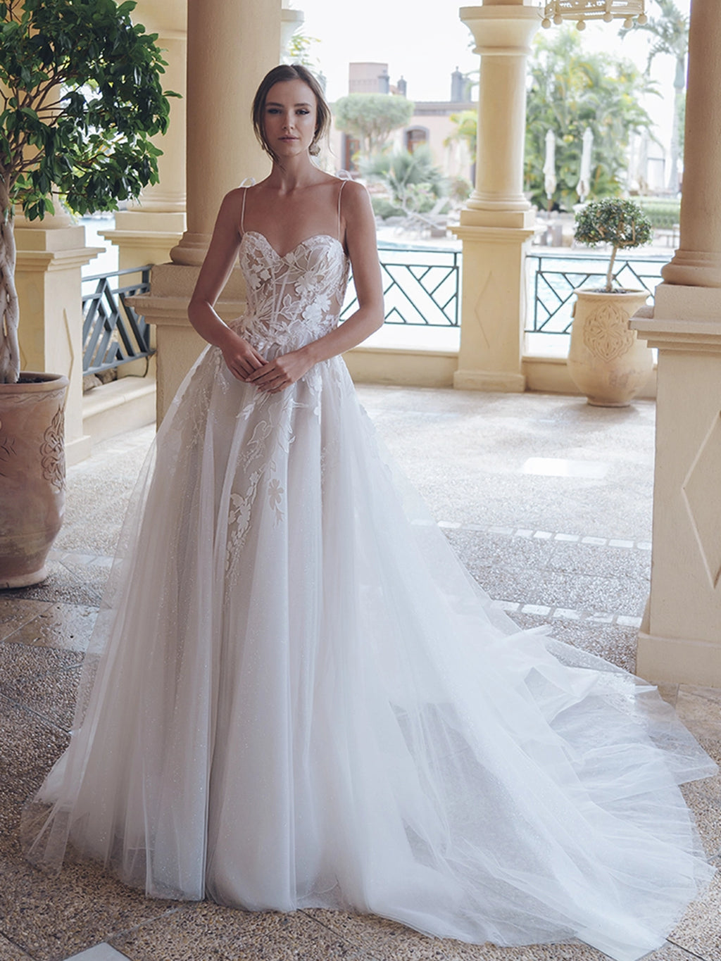Blue by Enzoani - Solistice | Chiffon Floral Embroidered A-line Gown with Beaded Accents and Glitter Tulle , Size